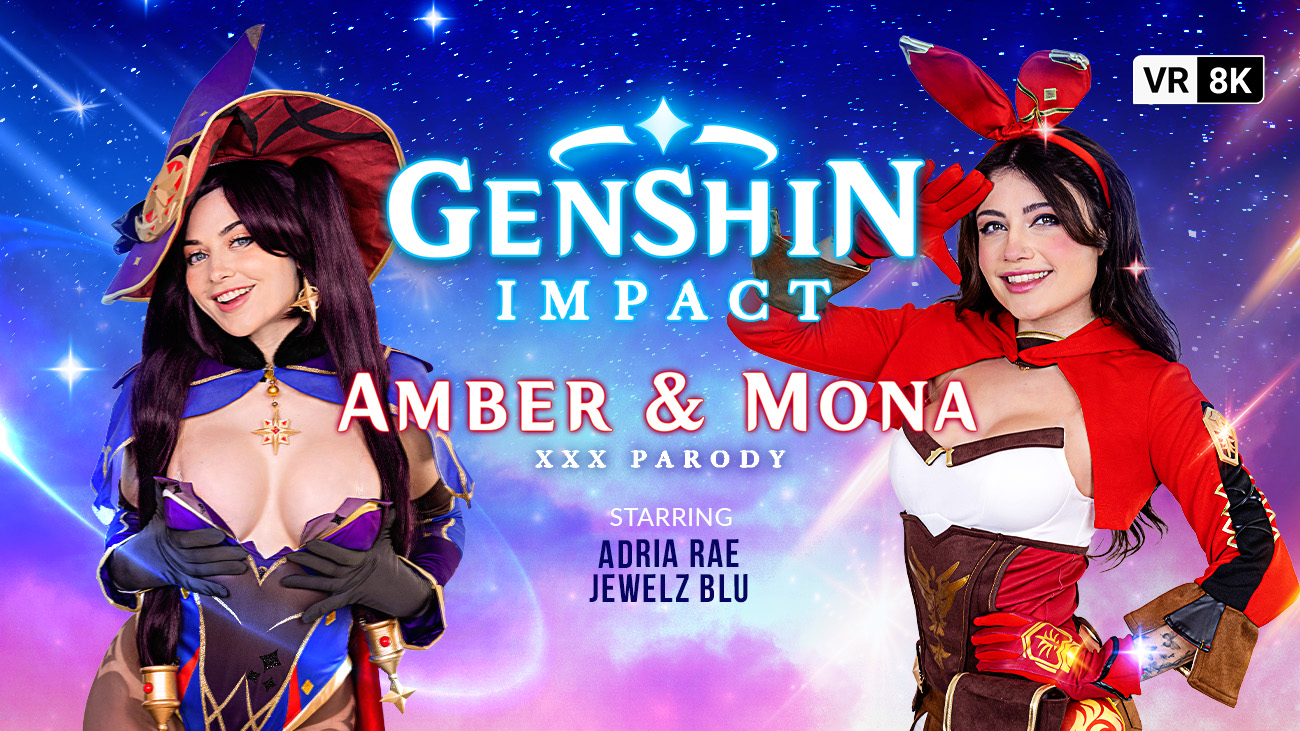 Amber and Mona cosplay models perform group sex and oral acts in a VR POV scene with 60 FPS graphics.