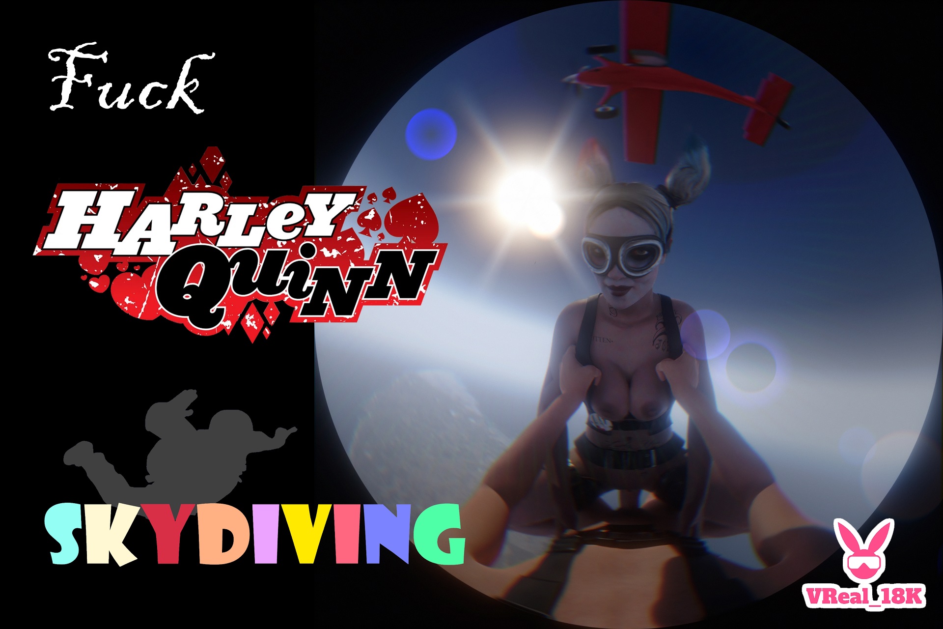 POV Harley Quinn skydives in 4K VR before opening her parachute in this outdoor scene.