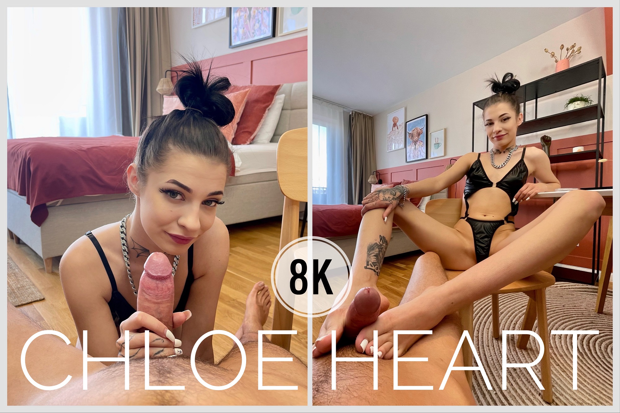 Chloe Heart performs a blowjob and footjob in a home setting, captured in 4K VR with 60 FPS realism.
