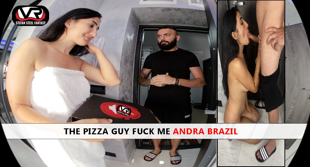 Brunette Andra Brazil receives a blowjob from a pizza delivery man in a kitchen setting during this non-POV 4K VR video.