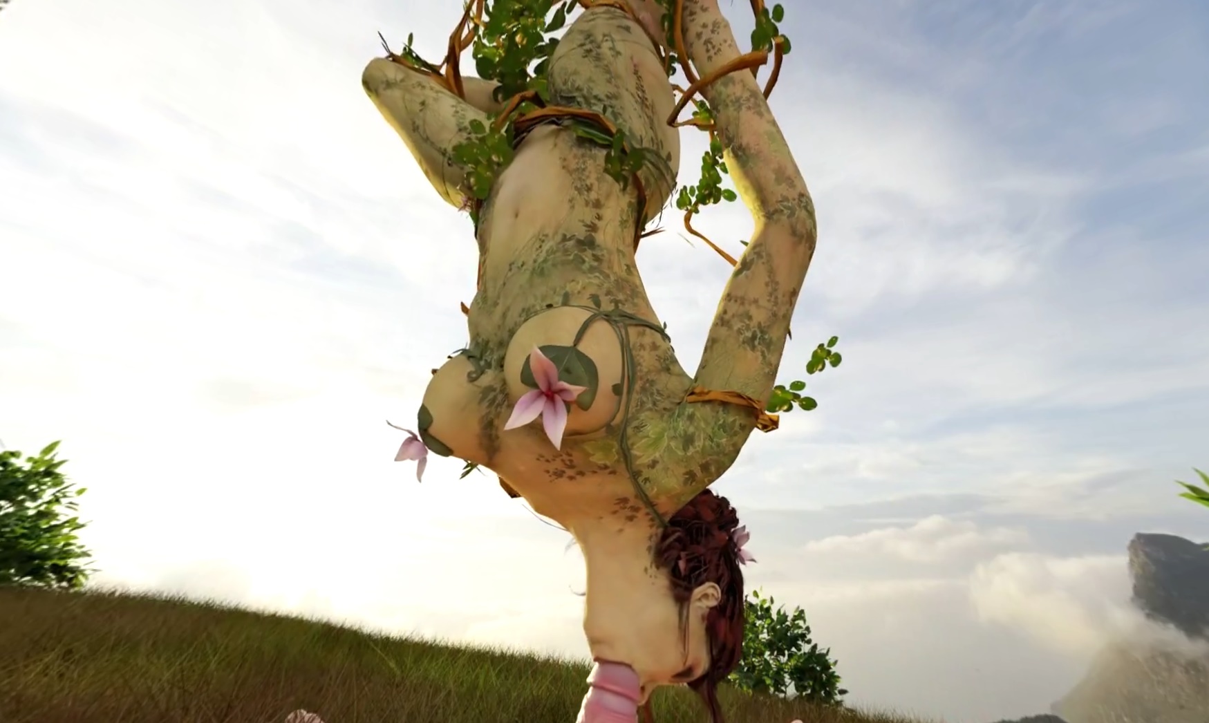 Poison Ivy performs a POV blowjob while hanging from a tree in this VReal 18K outdoor VR fetish video.