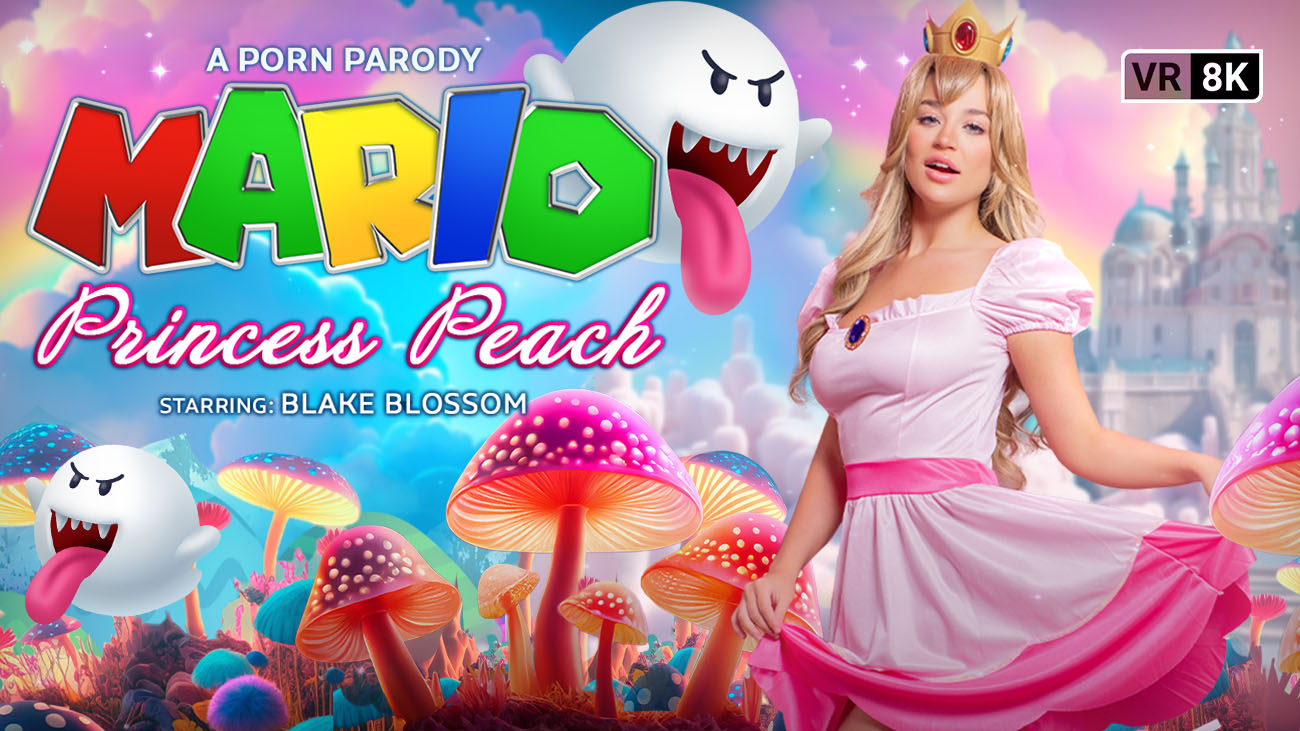 Blake Blossom as Princess Peach performs a POV blowjob in Mario cosplay for VR Conk premium 60 FPS video.