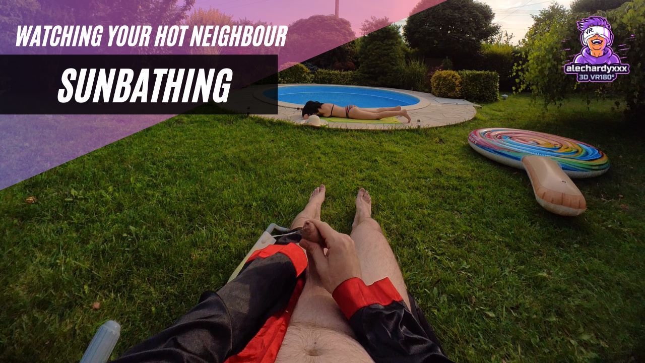POV brunette model watching neighbor at outdoor community pool in 4K VR experience