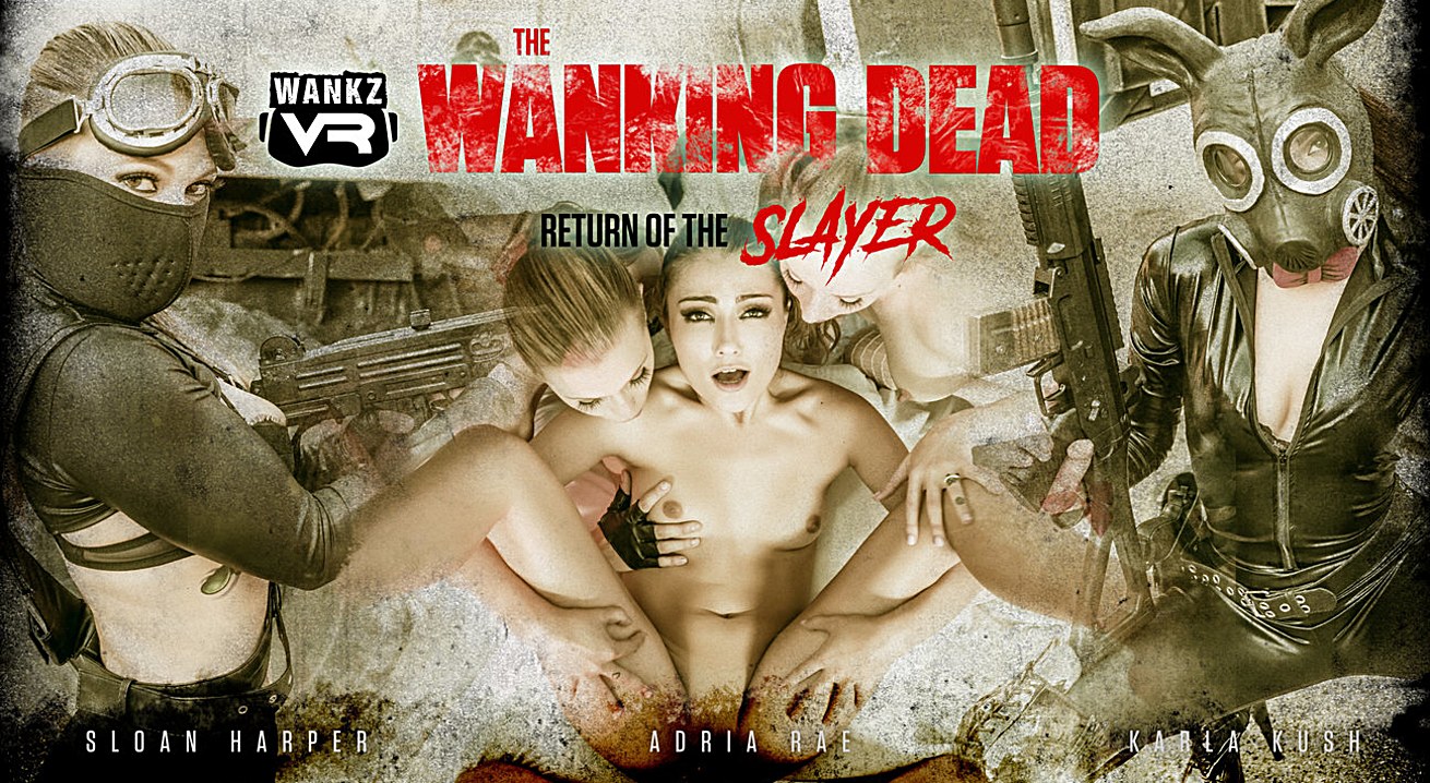 Sloan Harper, Karla Kush, and Adria Rae perform POV blowjobs in a digitally remastered VR zombie cosplay scene.