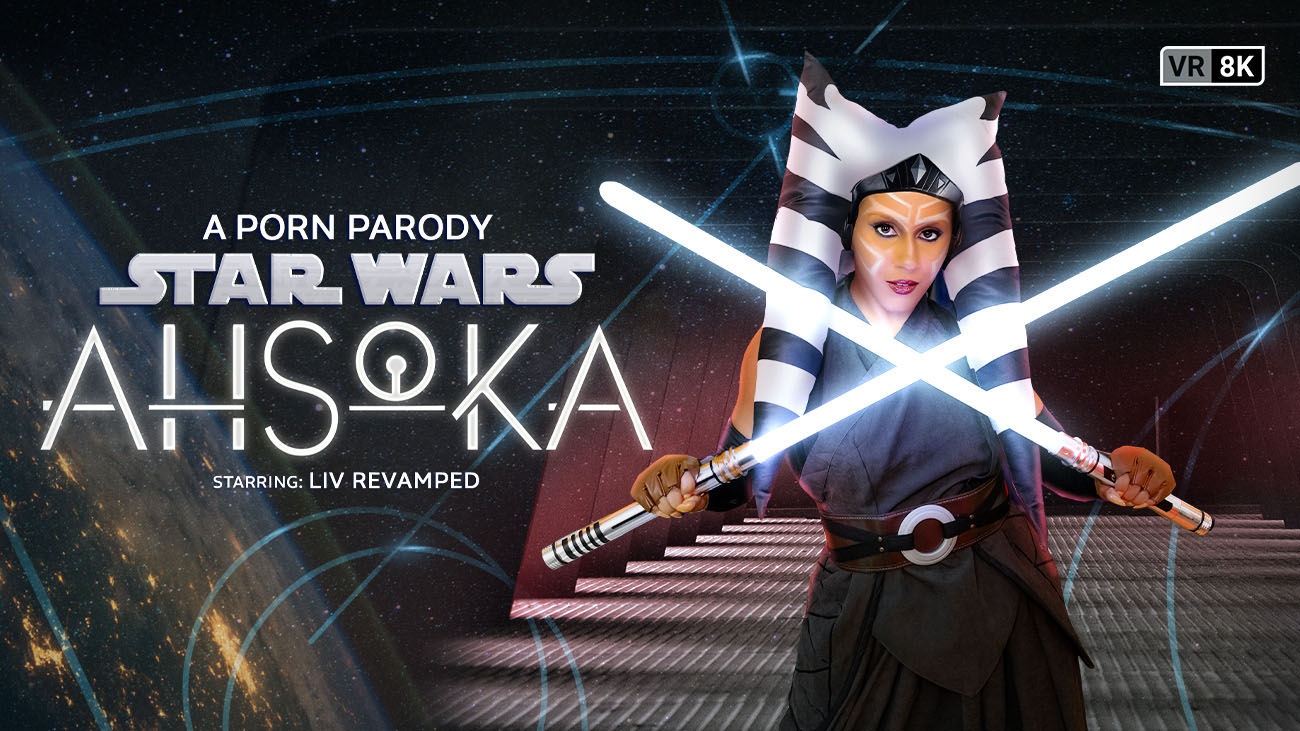Liv Revamped in cosplay performs a POV scene with brunette features, set in a Star Wars parody with 4K VR quality.