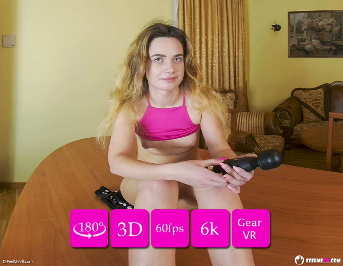Trinity Free performs solo masturbation in a 4K VR POV scene captured at 60 frames per second for immersive viewing.
