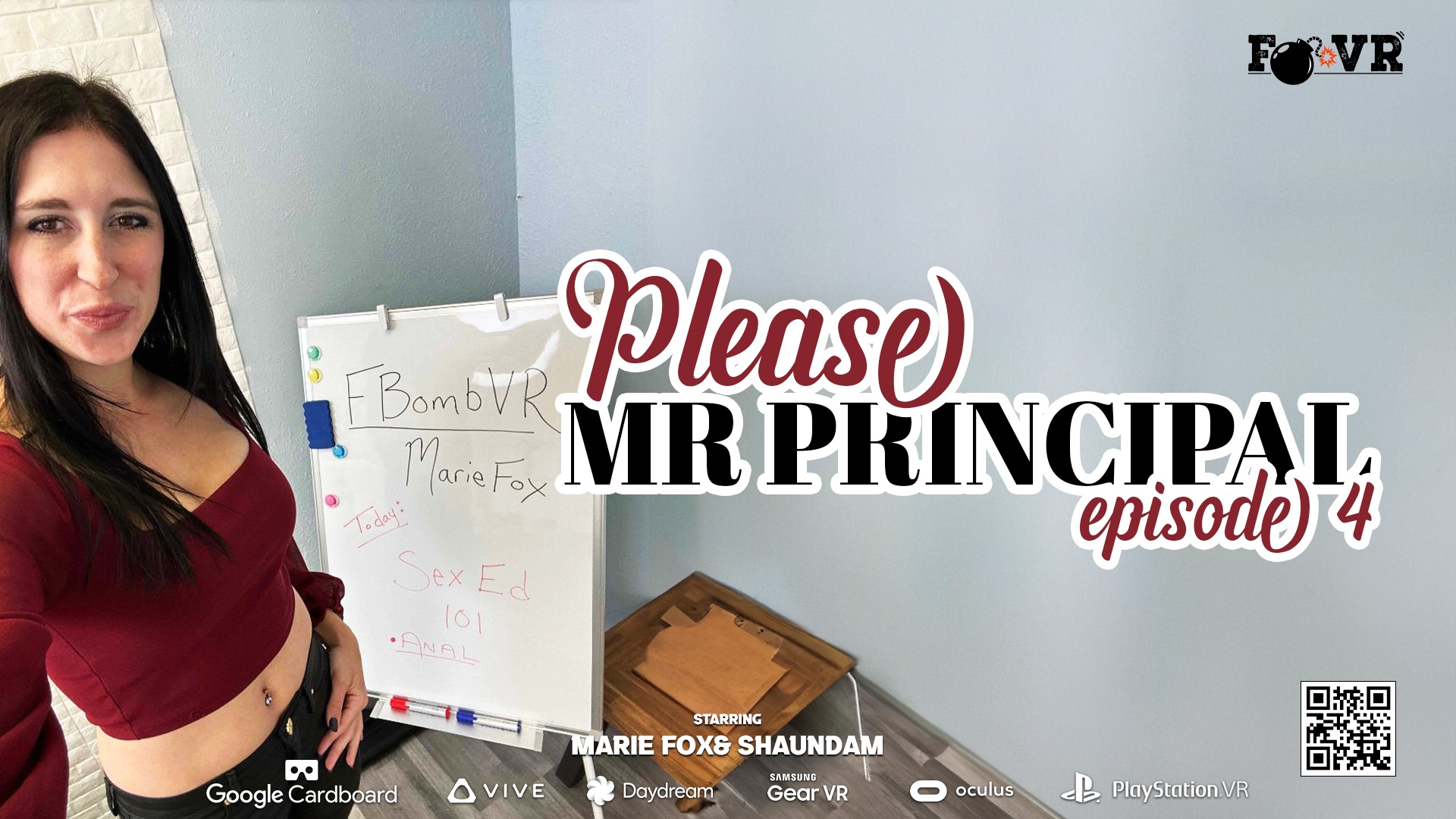 Marie Fox performs a blowjob and anal sex in a school setting with the principal in this FBOMB VR 60 fps interracial video.