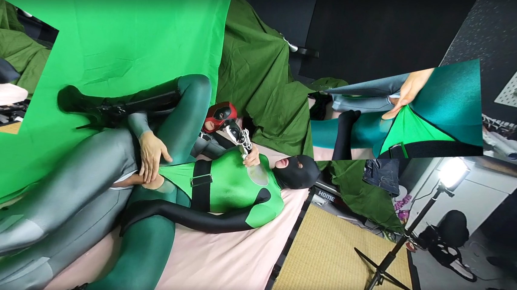 Nora Fox wears a green leotard and nylon in a non POV multicam 4K VR scene.