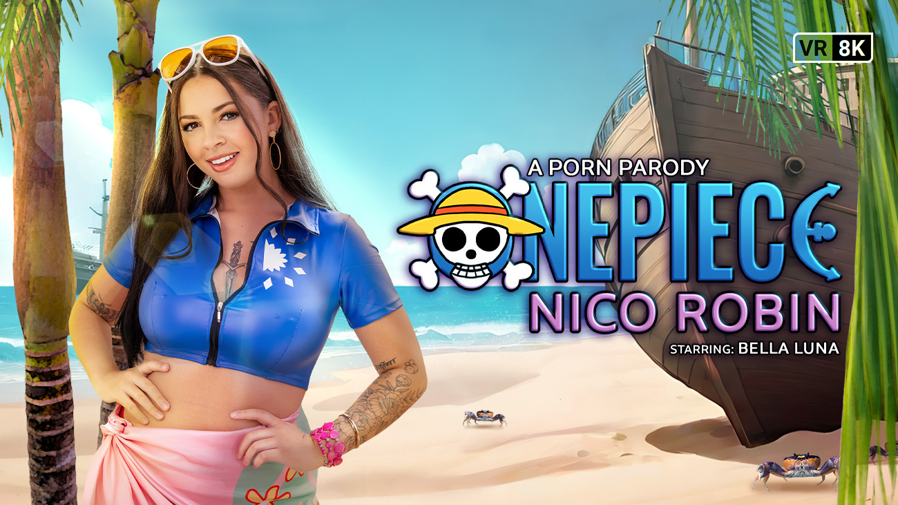 Bella Luna cosplaying as Nico Robin performs a close-up POV blowjob in this 4K VR adult parody video by VR Conk