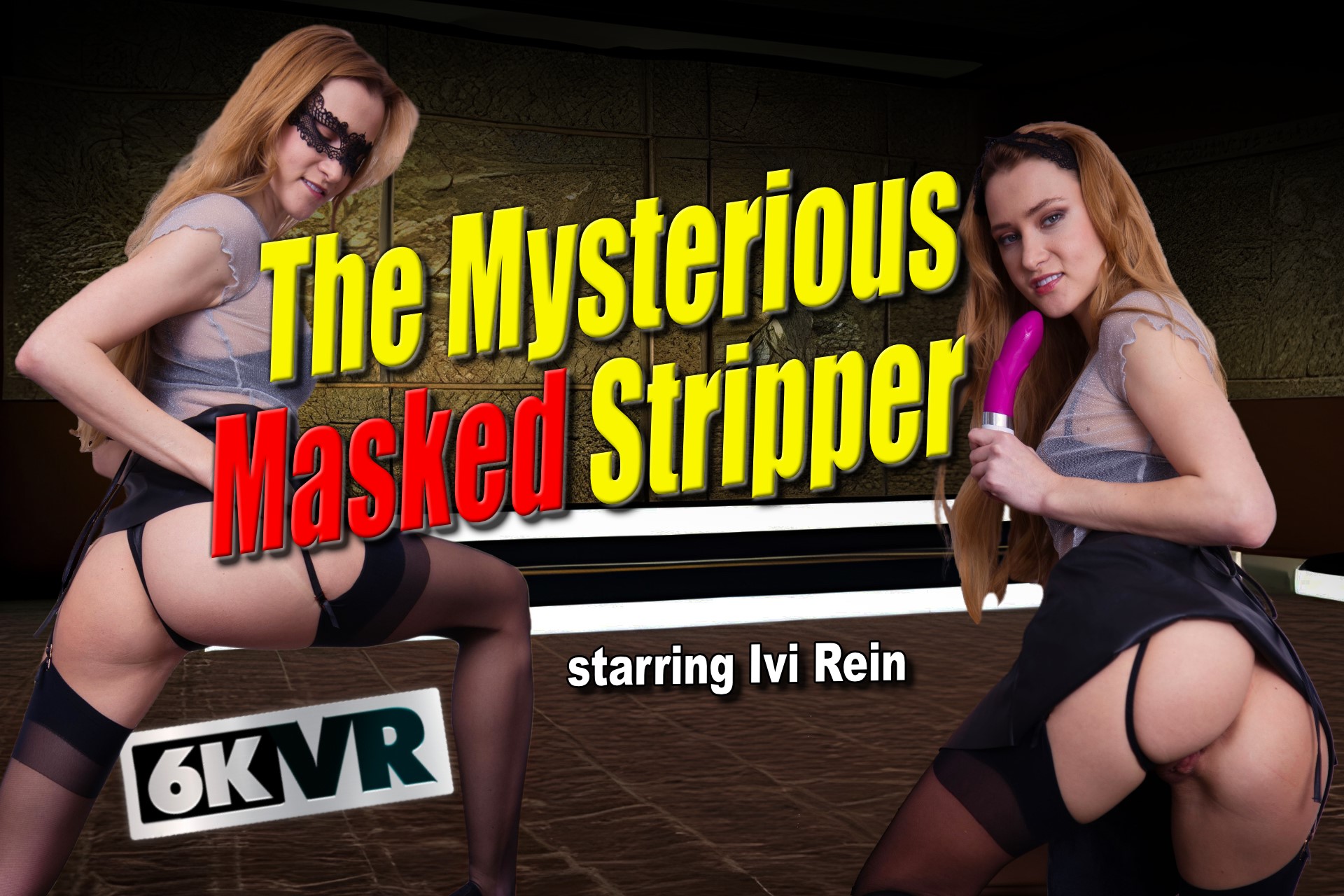 Ivi Rein performs a solo dance in a dimly lit room while wearing a mysterious mask in this StockingsVR 4K POV video.