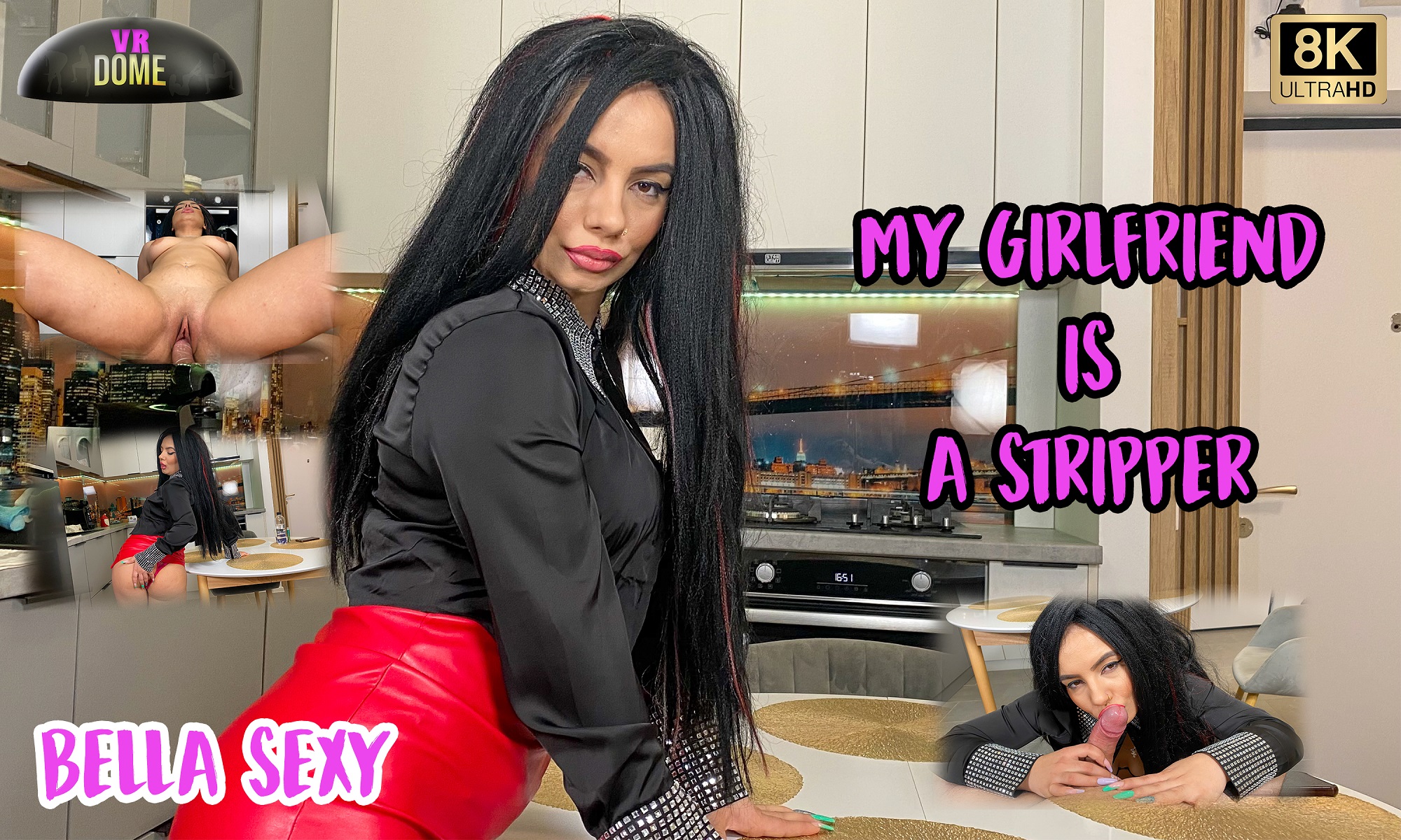 Bella Sexy performs a POV blowjob in 4K VR as a brunette stripper in a realistic indoor setting