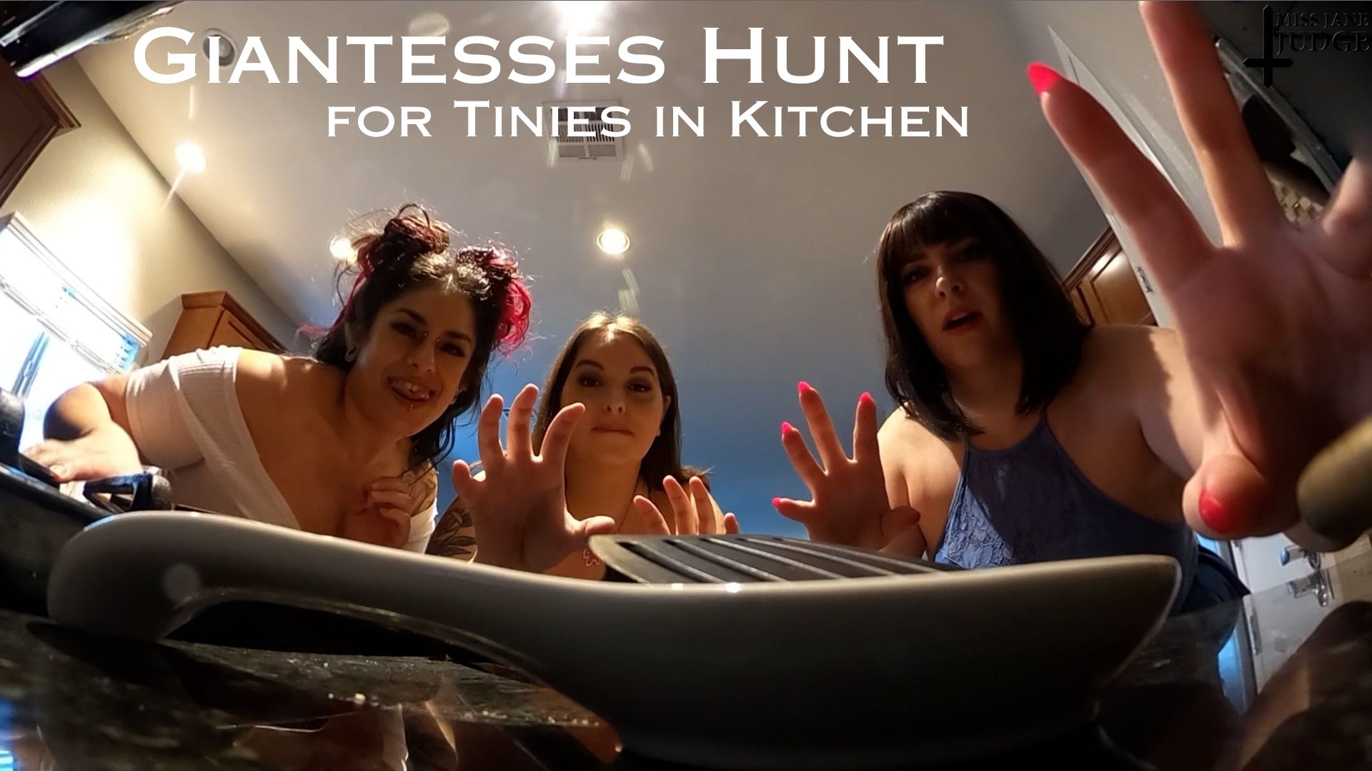Brunette Jane Judge hunts tiny partners in a kitchen setting as a giantess in this non-POV 4K VR video.
