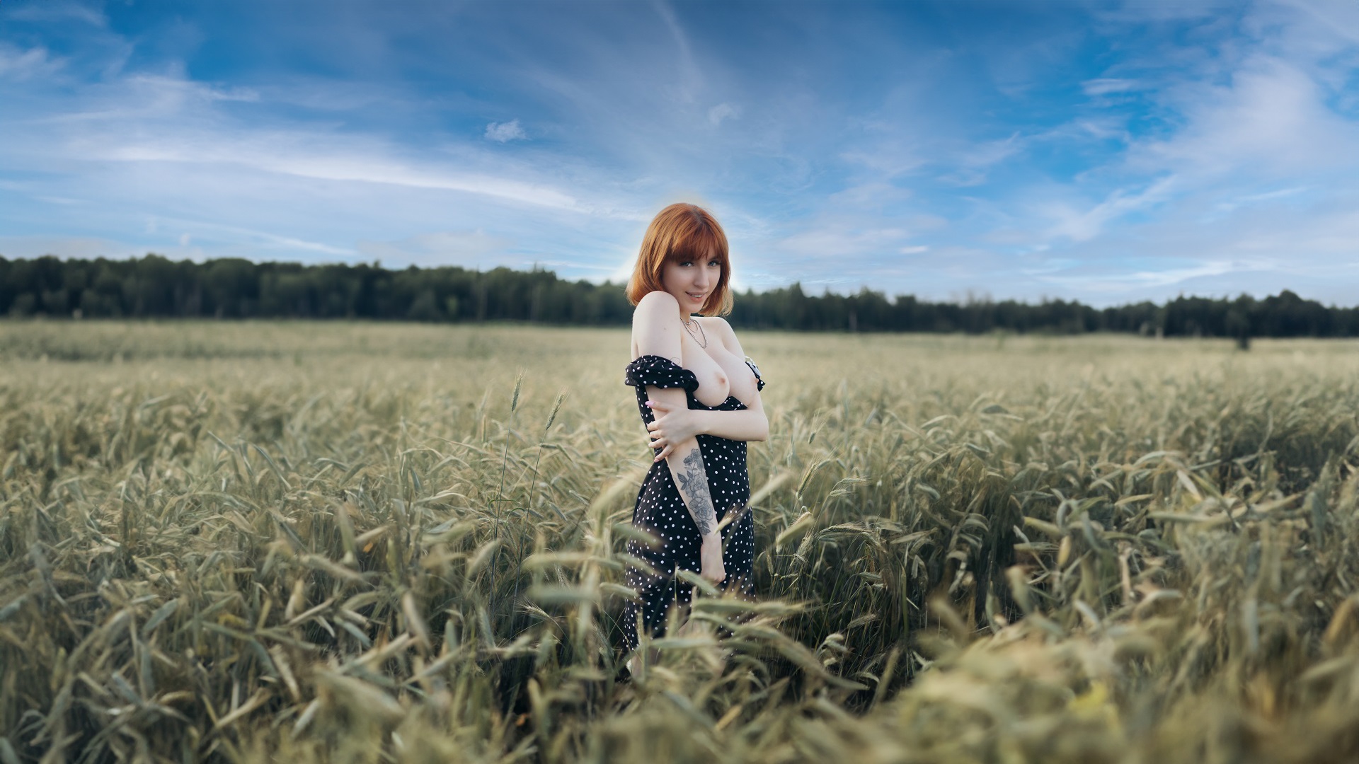 Redhead model Lilly Mays performs a solo act in an outdoor setting captured in 4K resolution with a point of view perspective.