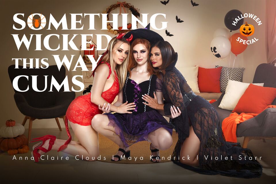 Violet Starr, Maya Kendrick, and Anna Claire Clouds perform oral sex and group sex in cosplay for a 68 minute VR video with 60 FPS.