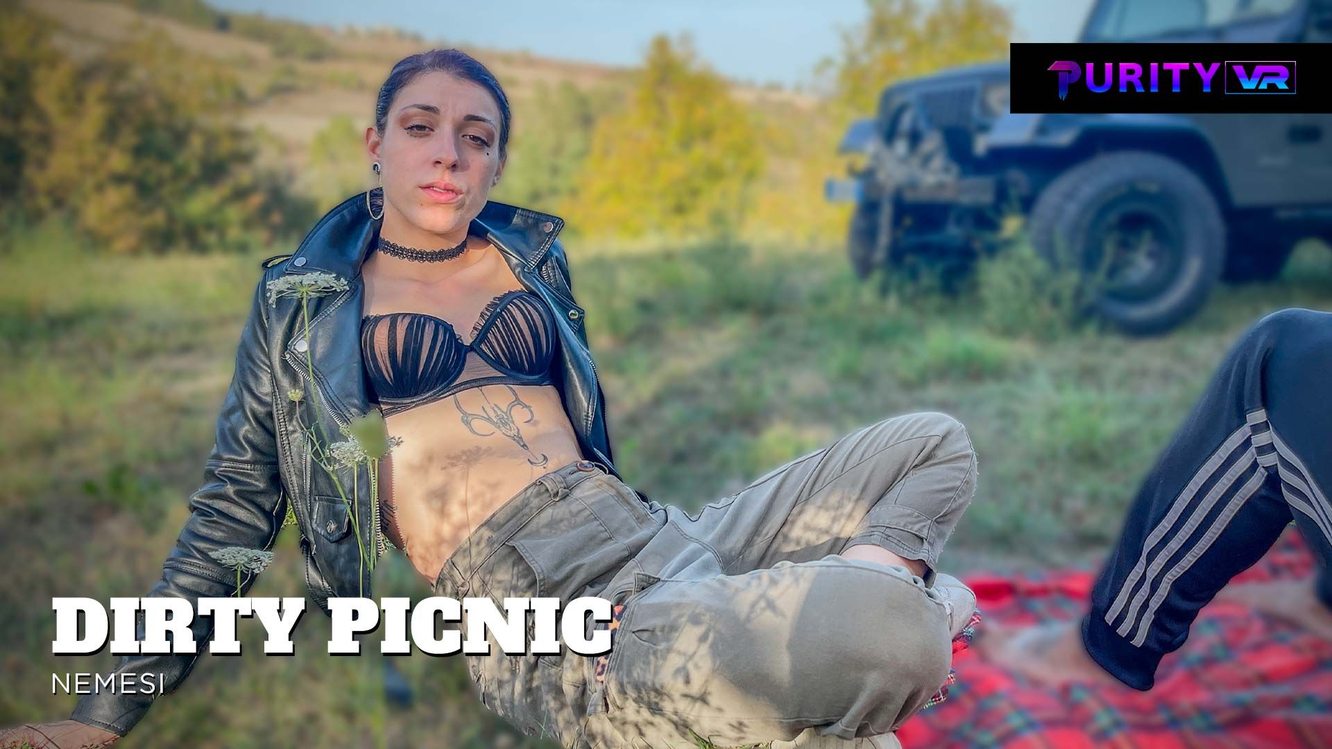 Model Nemesi performs an outdoor footjob in a VR POV scene captured in 4K resolution for PurityVR.