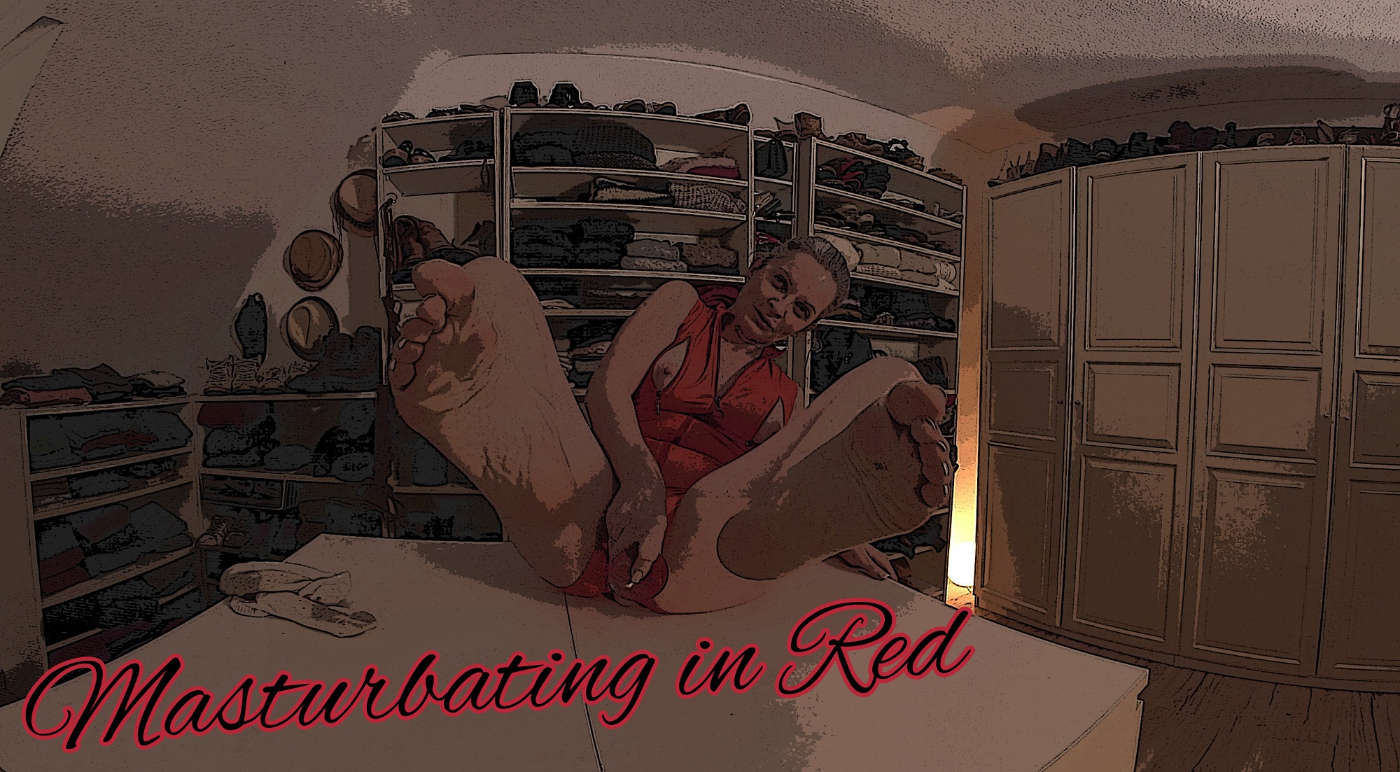 Sabdeluxe masturbates in red clothing during a solo POV VR video with 4K resolution and 180 degree passthrough.