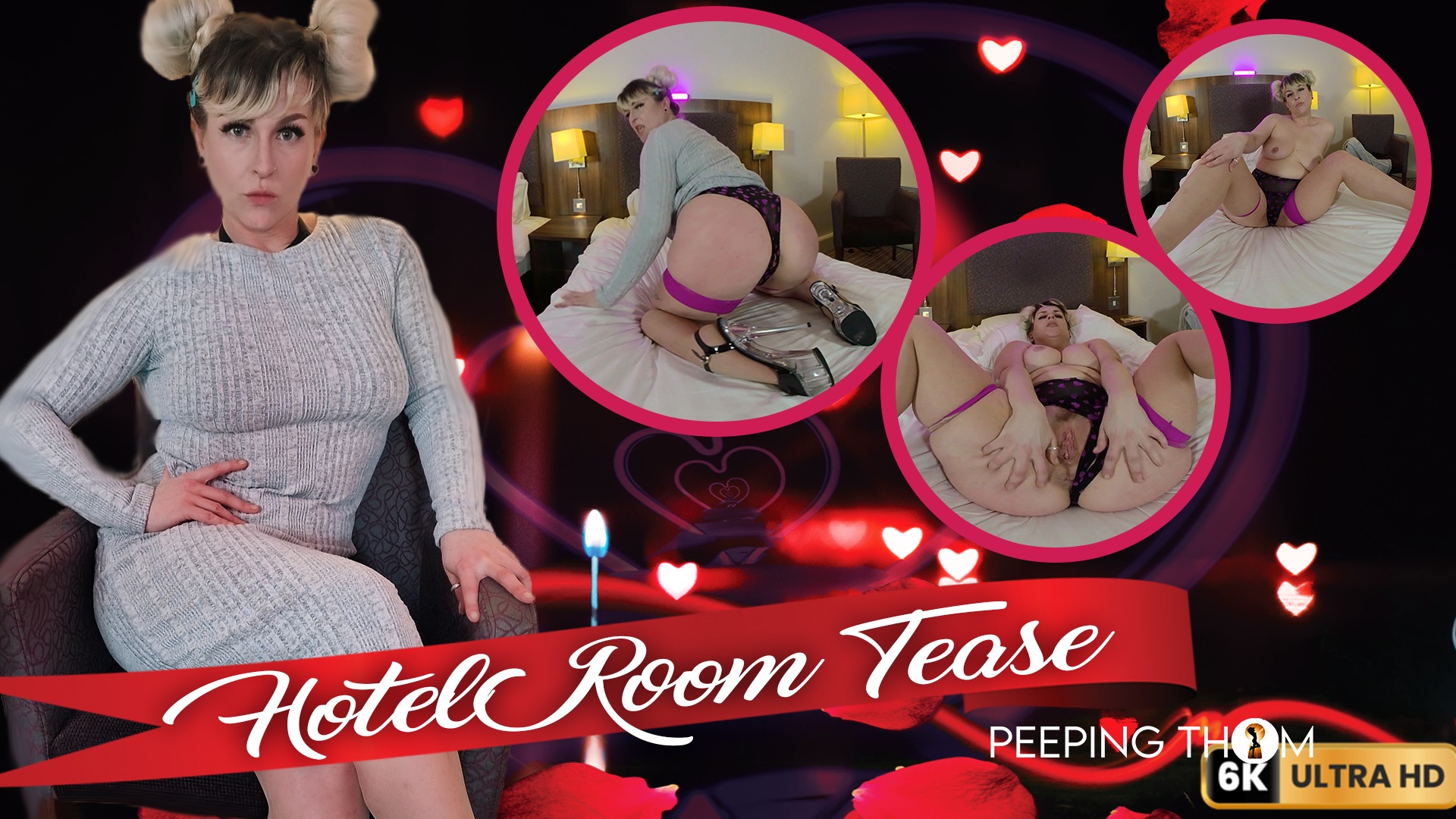 Roxy Sweetheart teases in a hotel room during a solo POV VR scene filmed in 4K resolution with 60 FPS smoothness.