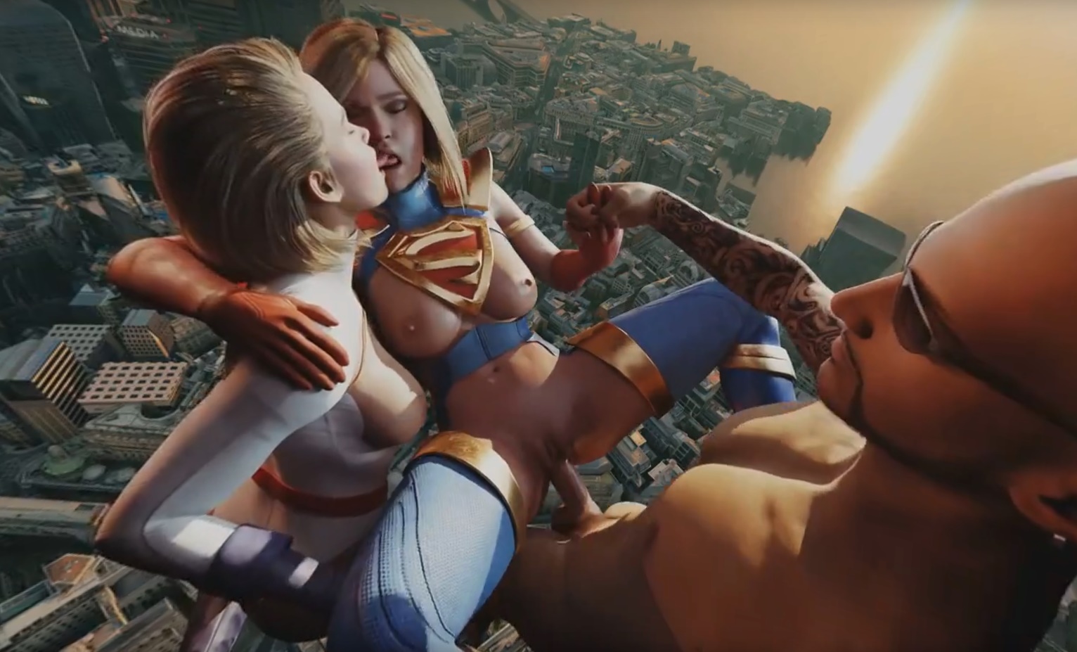 Supergirl and Powergirl kiss during an FFM group sex scene in this 4K VR POV video with close up shots.