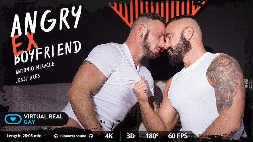 Antonio Miracle and Jessy Ares perform anal and oral sex in a VR POV scene from VirtualRealGay