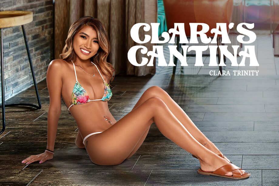 Clara Trinity receives a POV blowjob in a cantina setting in this 4K BadoinkVR premium video.