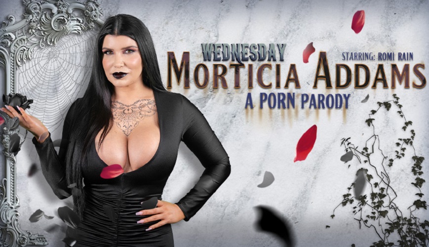 Romi Rain as Morticia Addams in a VR POV scene with close ups and titty fuck action from VR Conk