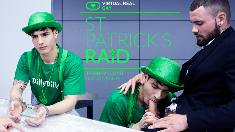 Jeffrey Lloyd and Bastian Karim perform anal and oral sex in a St Patrick's themed VR scene featuring 4K resolution and 60 FPS.