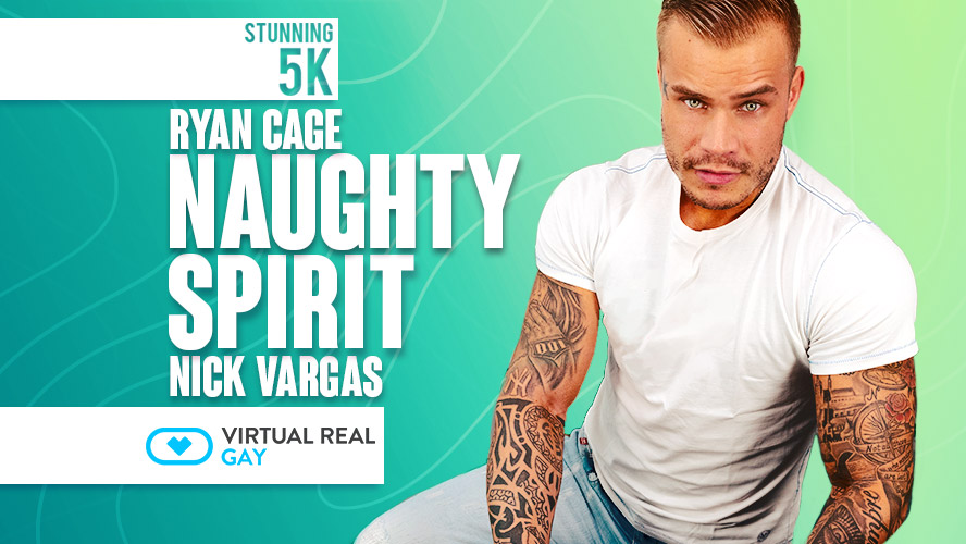 Ryan Cage and Nick Vargas in a VR gay anal POV scene featuring a blowjob in 8K resolution.