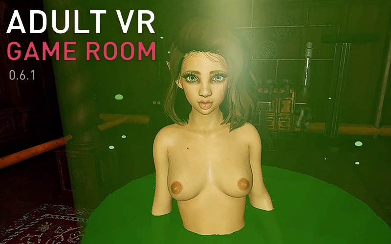 Female model interacts with virtual game room interface in high definition VR experience featuring spatial audio and 6DoF gameplay.
