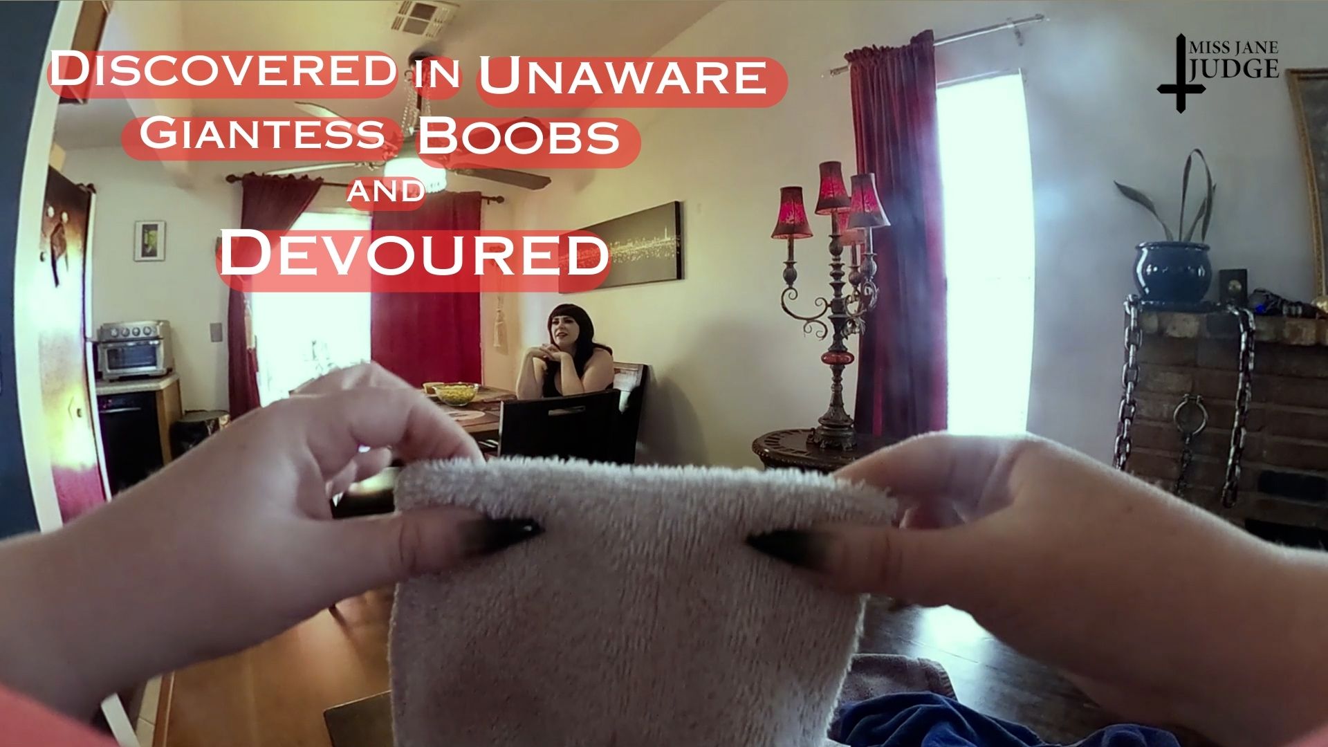 Brunette Jane Judge in a POV VR scene acts as an unaware giantess with large breasts while devouring the viewer in 4K.