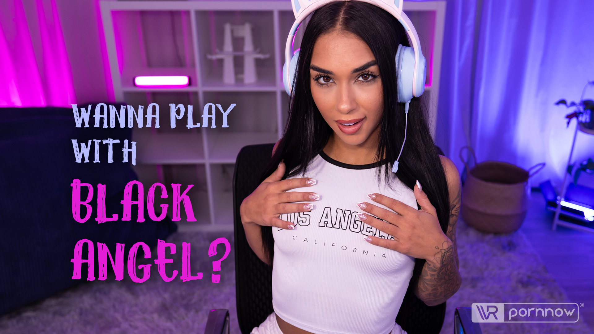 Black Angel performs a footjob and blowjob in a gamer setting during this 54-minute VR POV video with 60 FPS.
