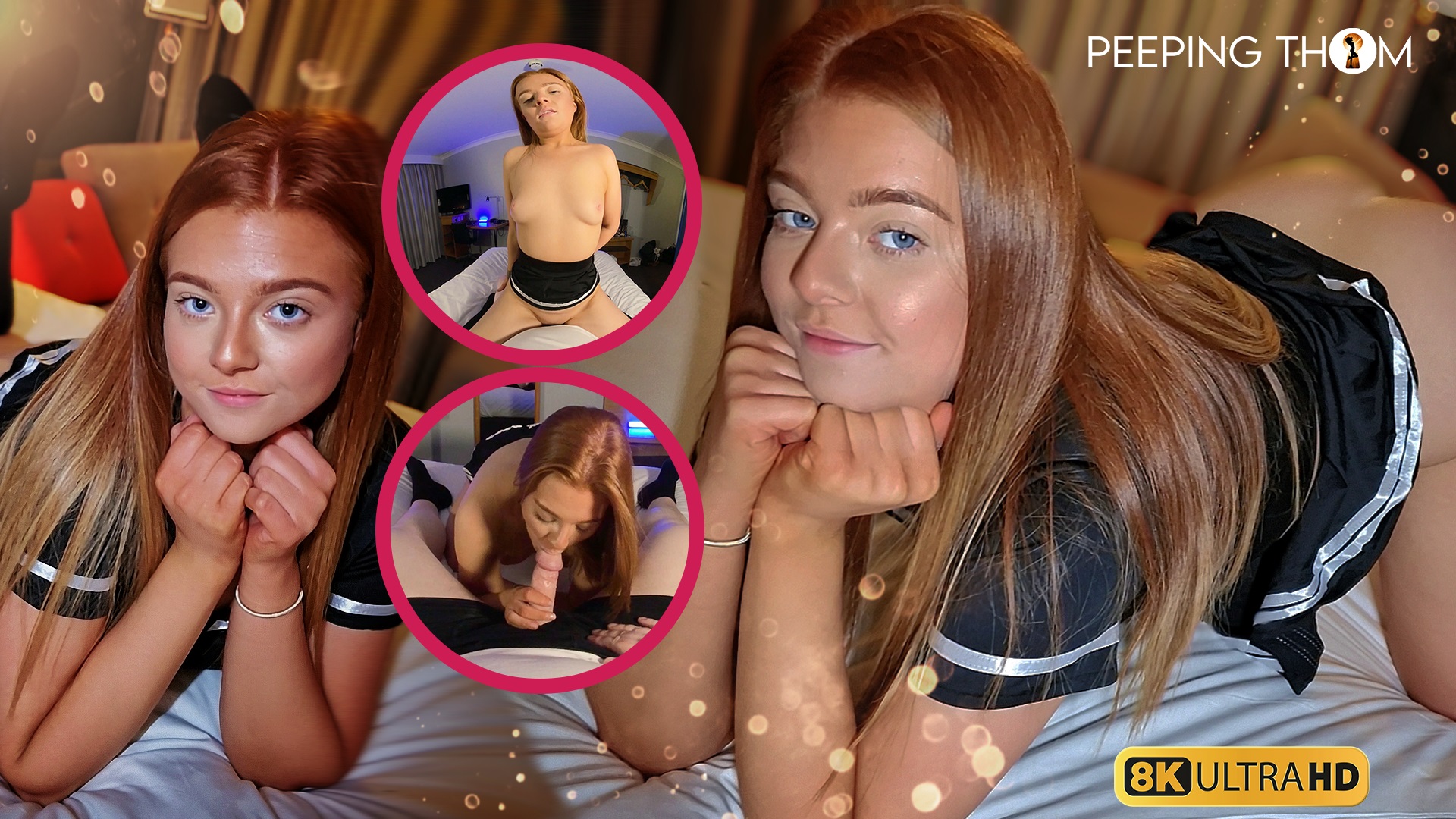Welsh Jade performs a POV blowjob on the coach while kissing in this 4K VR video by Peeping Thom