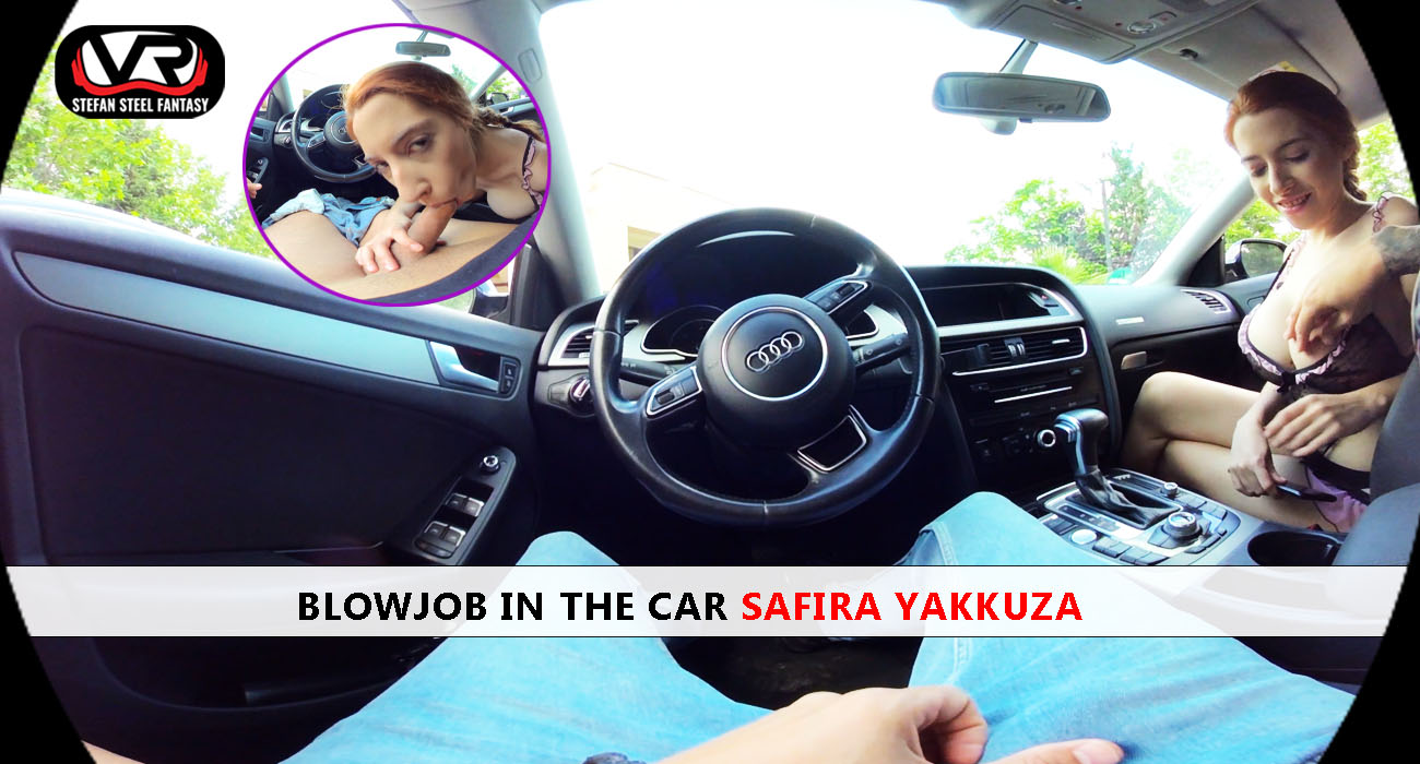 Safira Yakkuza performs oral sex in a car during this 4K VR POV video recorded outdoors at 60 FPS.