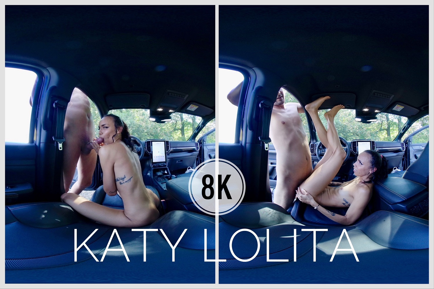 Katy Lolita performs a blowjob in a car outdoors in a 4K VR POV video produced by PS-Porn