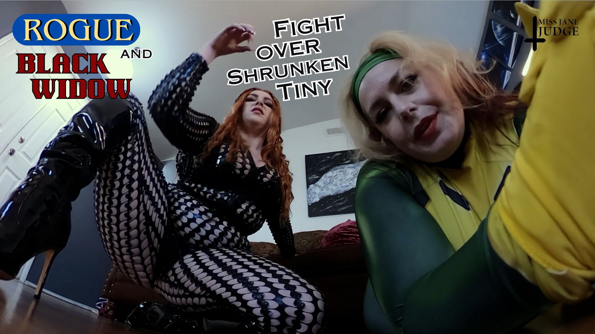 Jane Judge and Megan Daw in cosplay fight over a shrunken person in a 4K VR scene.
