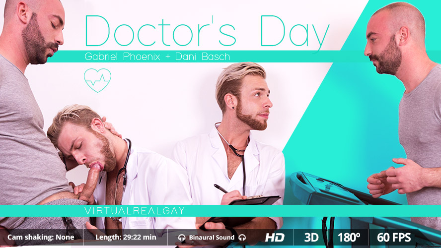 Dani Basch receives a doctor's exam with Gabriel Phoenix in this 4K gay VR anal and blowjob scene.