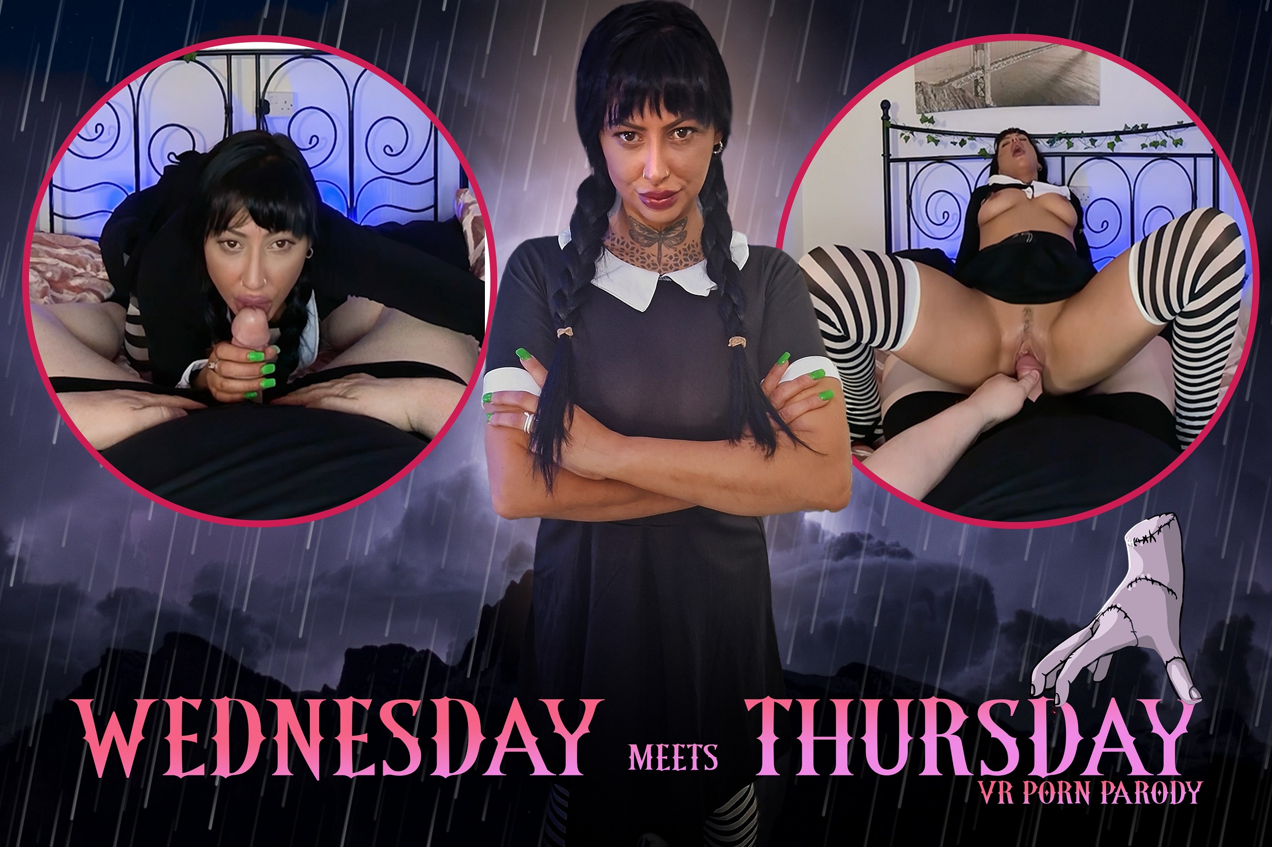Ebony Louise in a British cosplay poses for a 4K VR POV camera in a studio setting for Wednesday Meets Thursday by Peeping Thom