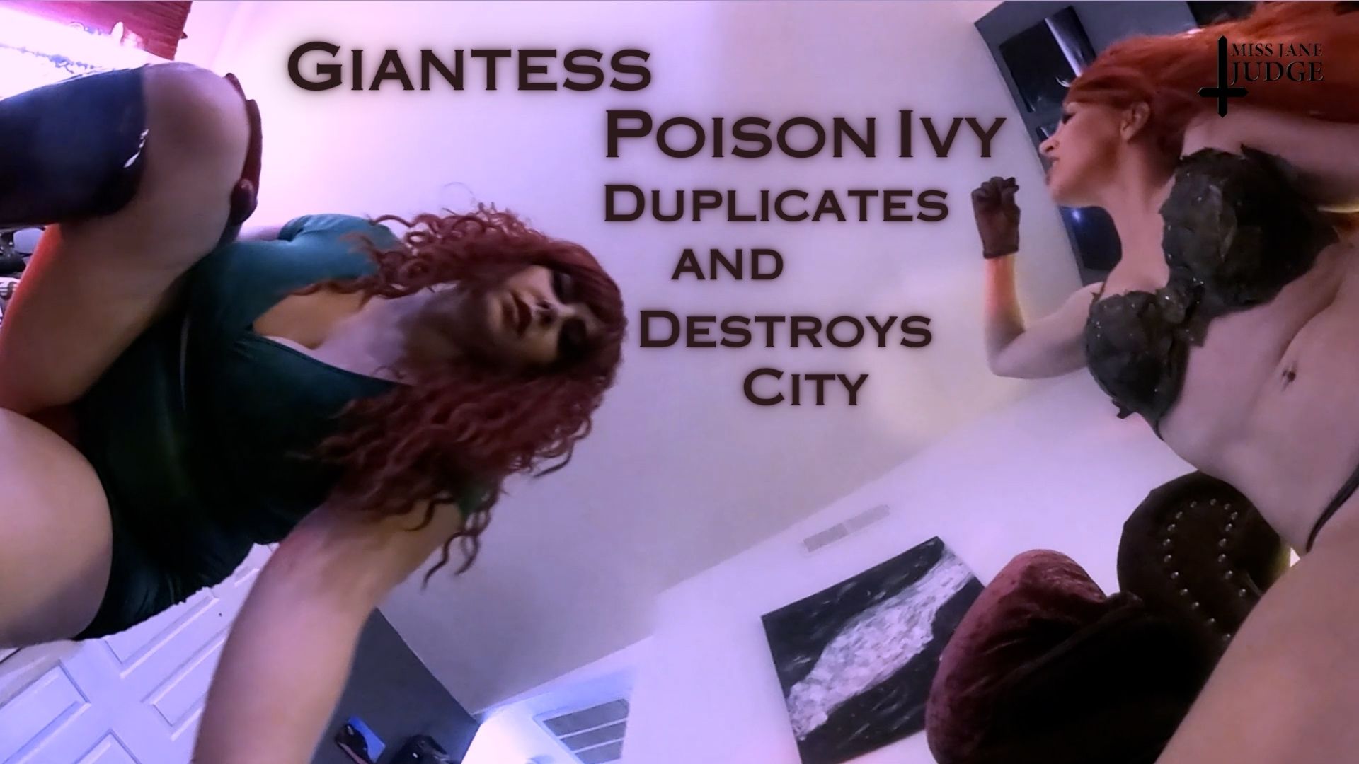 Jane Judge and Sarah DiAvola as Giantess Poison Ivy duplicates destroy a city in 4K non-POV VR fetish cosplay premium video.