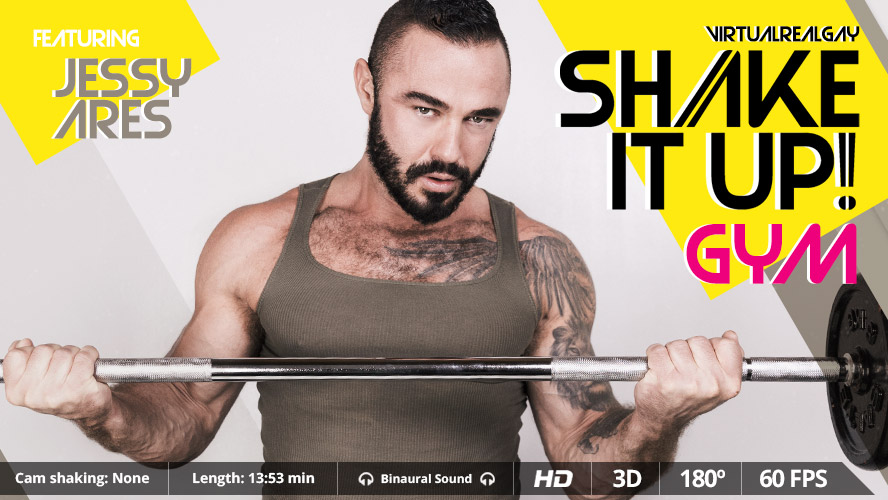 Jessy Ares performs a solo bear workout in a gym while filming a POV VR scene for VirtualRealGay