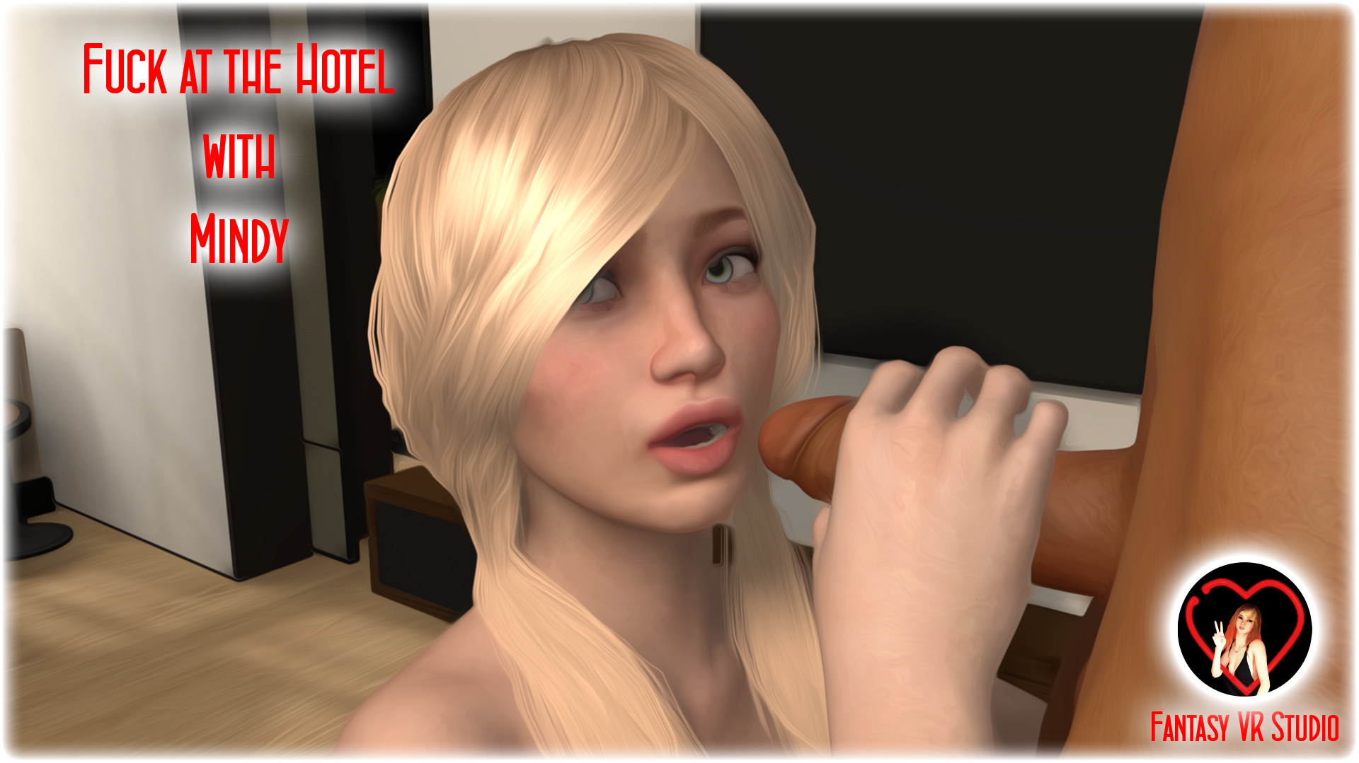 Mindy performs a POV blowjob in a hotel room, ending with facial cum in this 4K VR scene by FantasyVR Studio