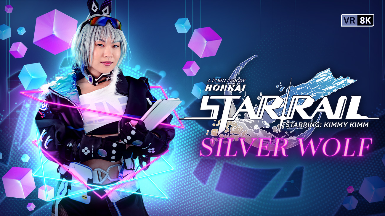 Kimmy Kimm as Silver Wolf in a VR cosplay scene performing a POV blowjob in 4K resolution