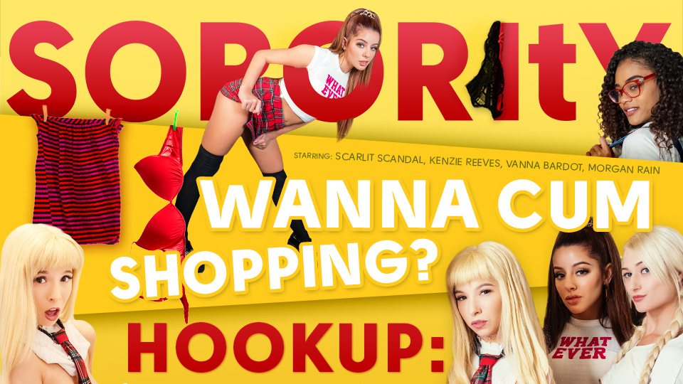 Morgan Rain, Kenzie Reeves, and Scarlit Scandal engage in group sex during a shopping theme VR experience in 4K.