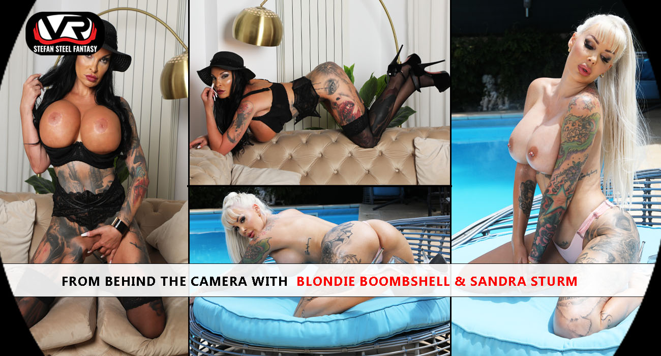 Blondie Boombshell and Sandra Sturm pose outdoors in a non POV 4K VR scene filmed at 60 FPS by Stefan Steel Fantasy.