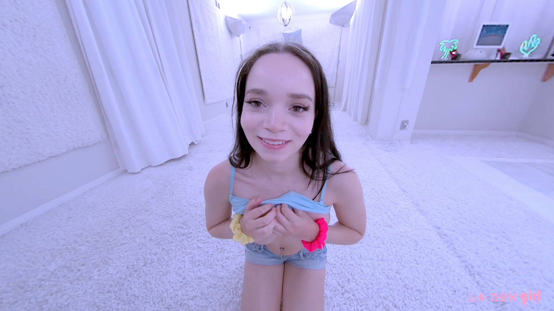 Selina Imai strips in a white studio for a solo POV casting video filmed in 60 FPS VR