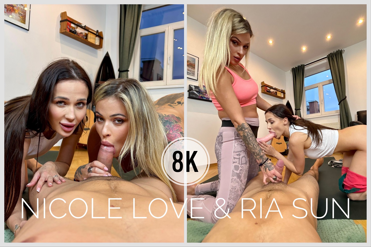 Nicole Love and Ria Sunn perform oral sex and group sex in a POV workout setting for this 4K VR video.