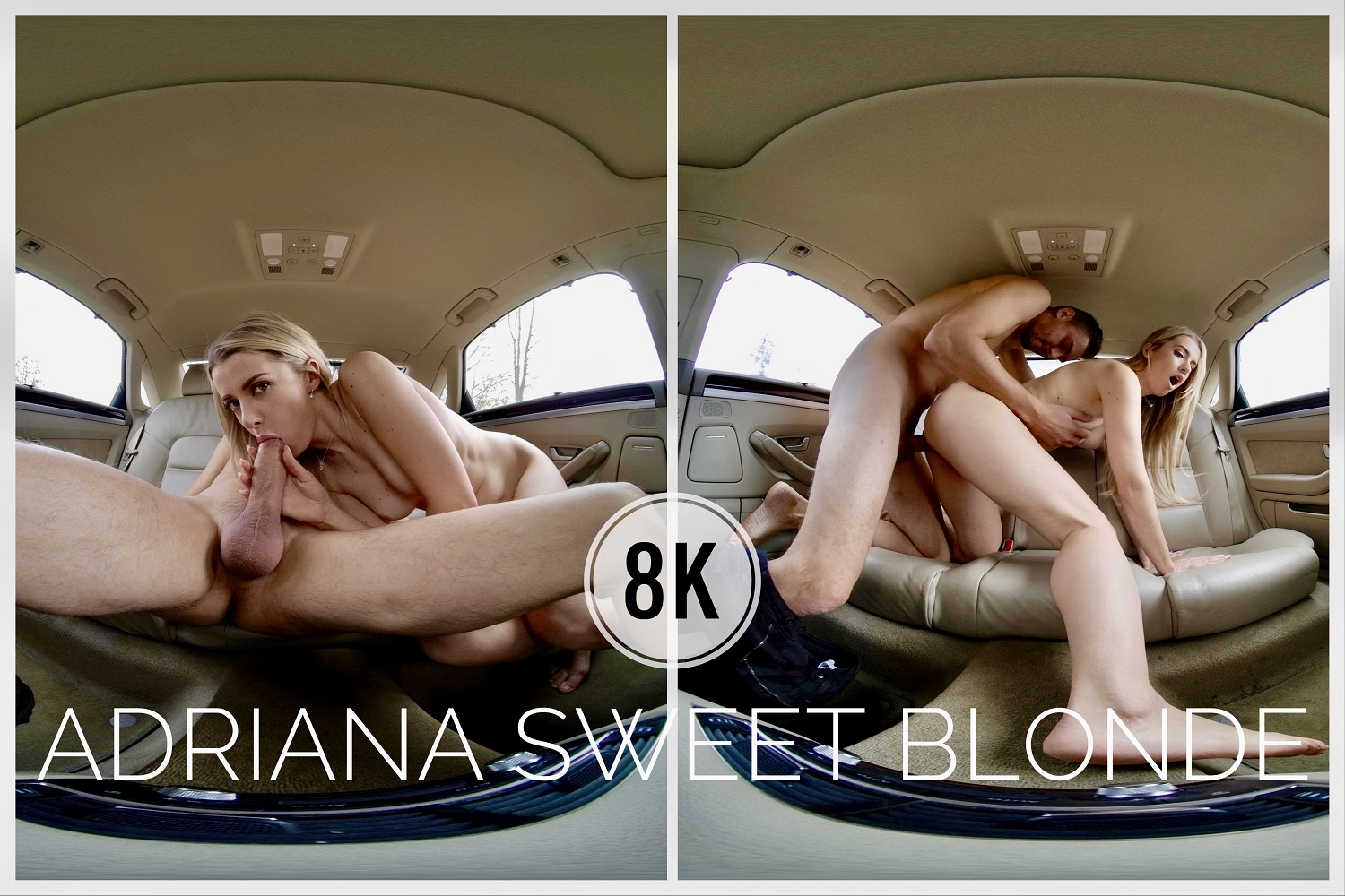 Adriana Sweet Blonde performs a car blowjob in an outdoor setting shown in 4K VR POV.