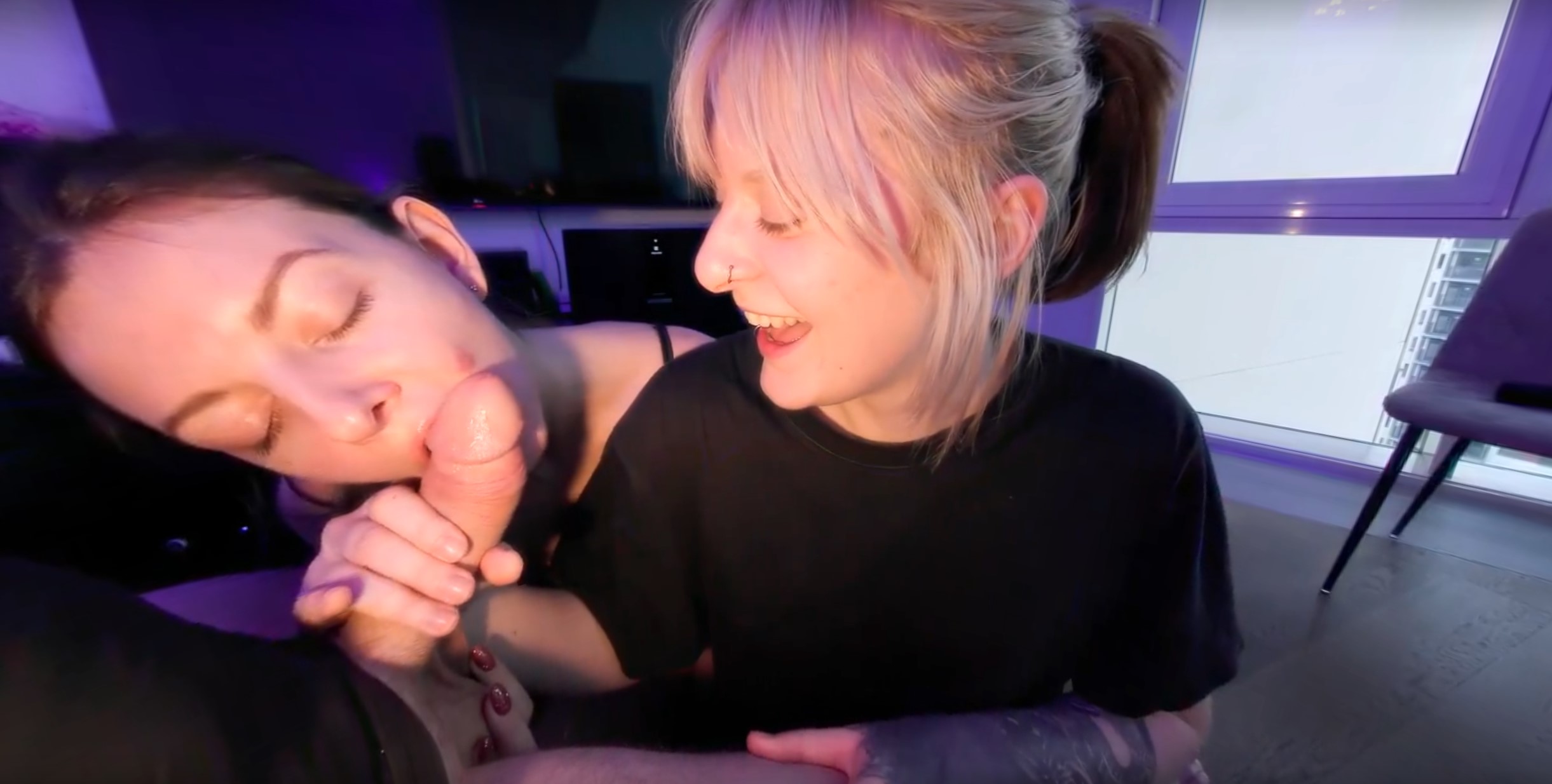 Rebeka Ruby and Brilla give a double blowjob in a VR POV scene filmed in 4K resolution with 60 FPS smoothness.