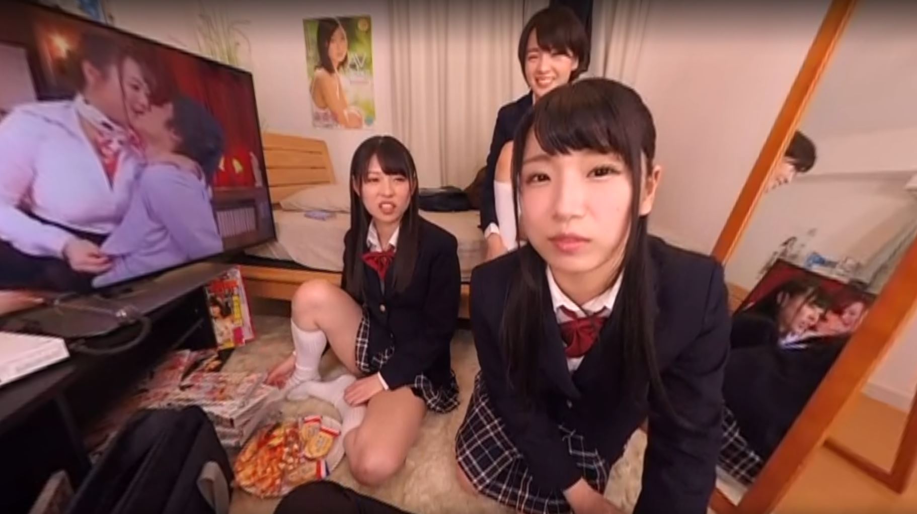 POV Japanese adult video featuring three college girls in uniforms during an immersive 180 degree VR scene filmed in 4K resolution.