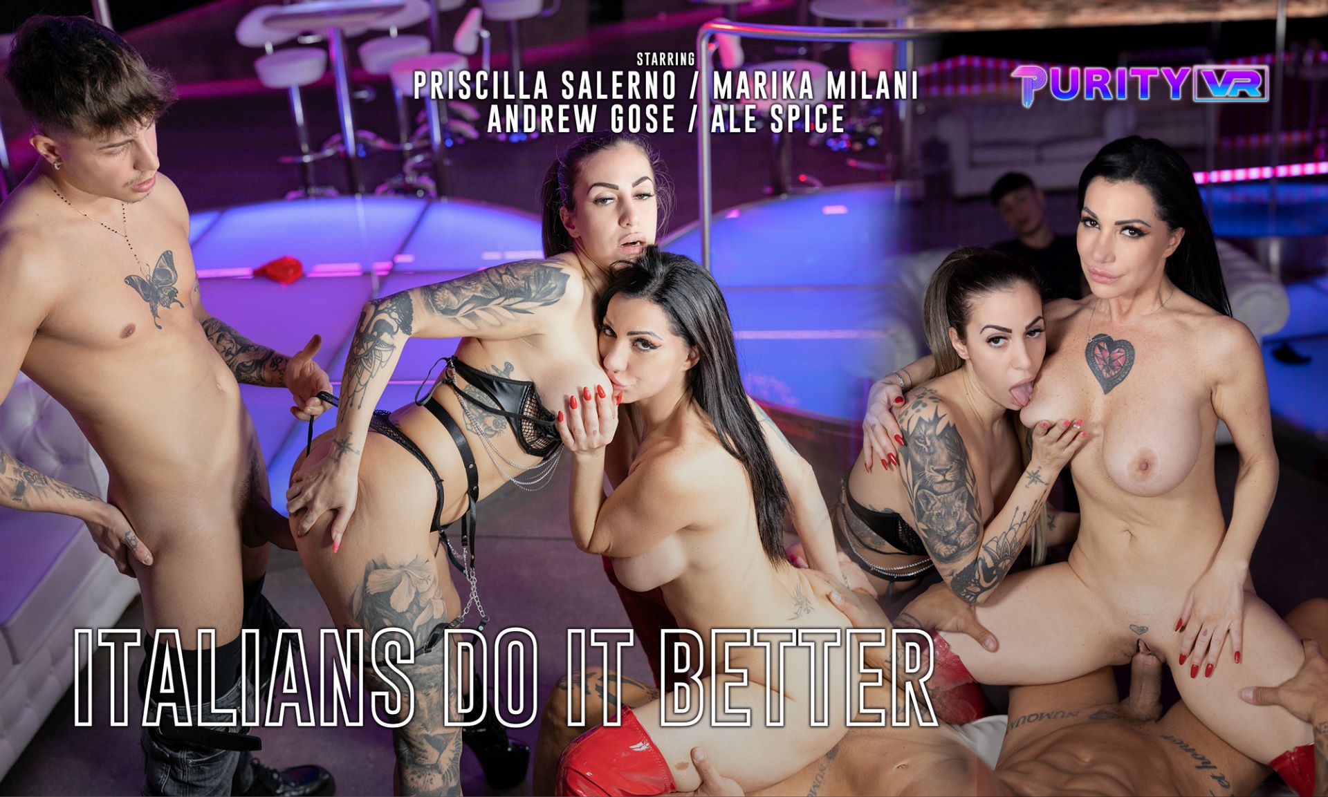 Marika Milani and Priscilla Salerno perform a group blowjob in a POV VR scene by PurityVR featuring European kissing and premium production.