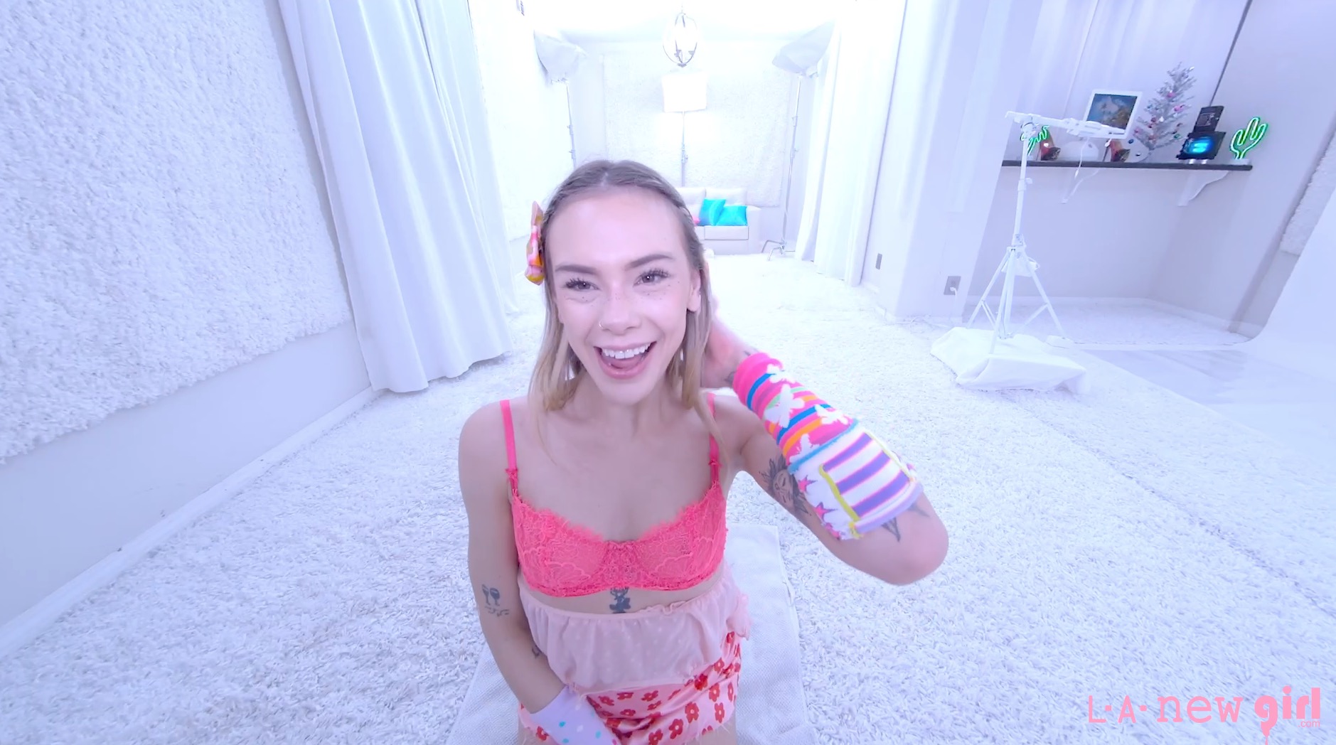 Dylan Moore strips in a white studio during a solo casting session filmed in VR POV 60 frames per second.