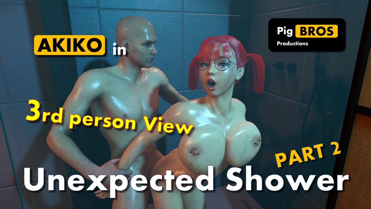 Akiko with a ponytail and busty features is shown in a 3rd person VR stepdad shower scene from Pig Bros Productions
